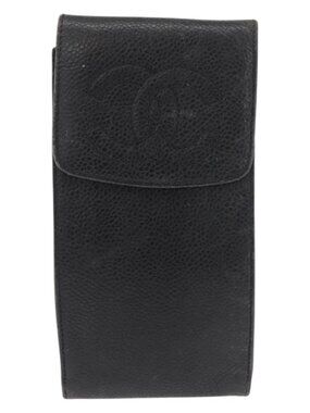 CHANEL Glasses Case Grained Calf Skin Black Gold CC Auth am11661